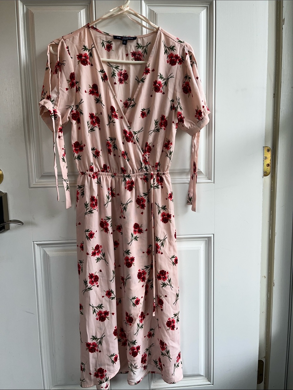 one clothing Pink Floral Slip Dress with Red Flower Print